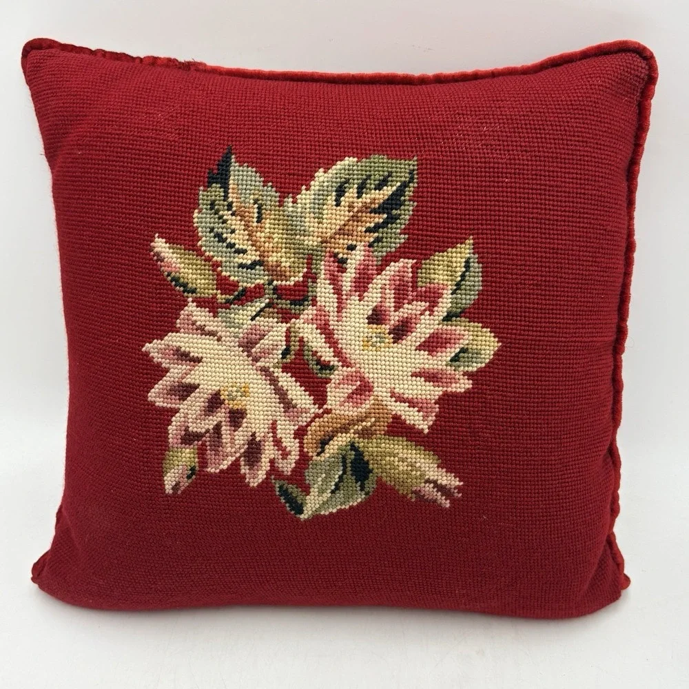 VTG Needlepoint Throw Pillows Burgundy Red Velvet Floral Handmade 14